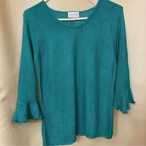 Vtg Sarah Arizona Teal Knit Top with 3/4 Bell Sleeve